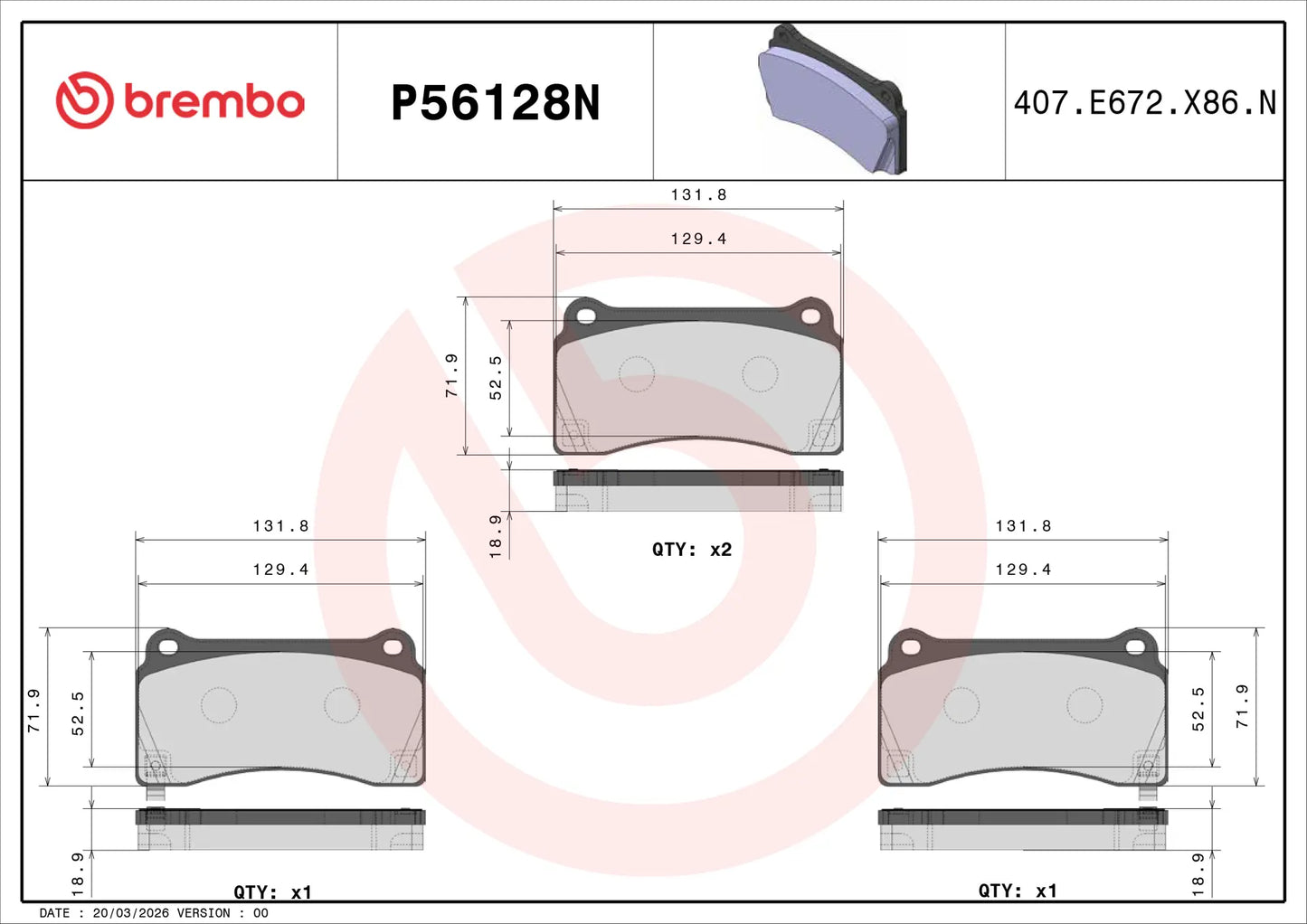Brembo brake pad technical specification sheet showing three brake pad diagrams with dimensions, part number P56128N, and product code 407.E672.