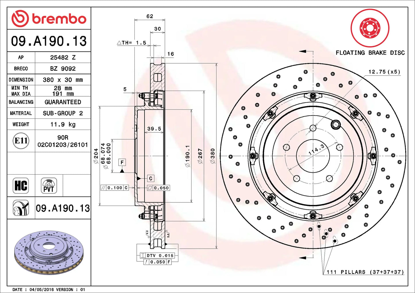 Brembo Prime 09.A190.13 380mm floating rear brake rotor for 2009-2024 Nissan GT-R R35