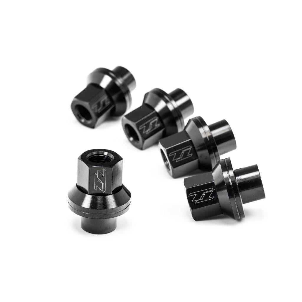 T1 GT1R black PVD titanium M12 x 1.25 one-piece shank lug nut for compatible Nissan GT-R drag wheels