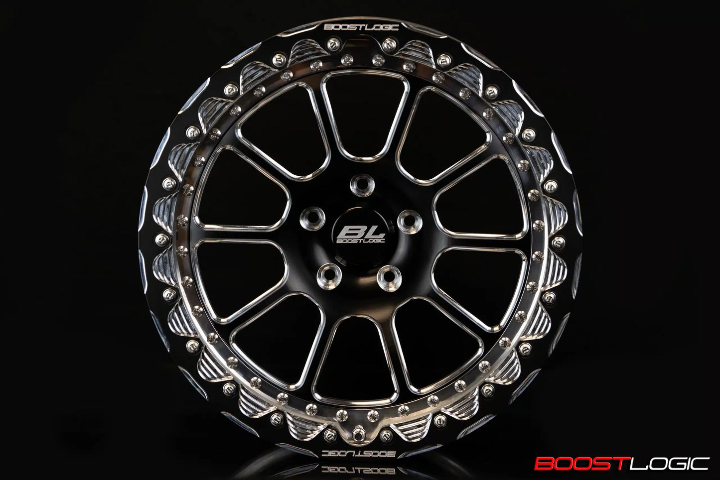 A single 18-inch Boost Logic 10 spoke drag racing wheel with a two-tone black and machined finish.