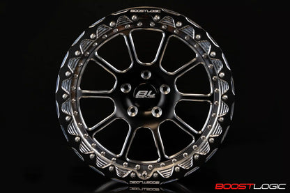A single 18-inch Boost Logic 10 spoke drag racing wheel with a two-tone black and machined finish.