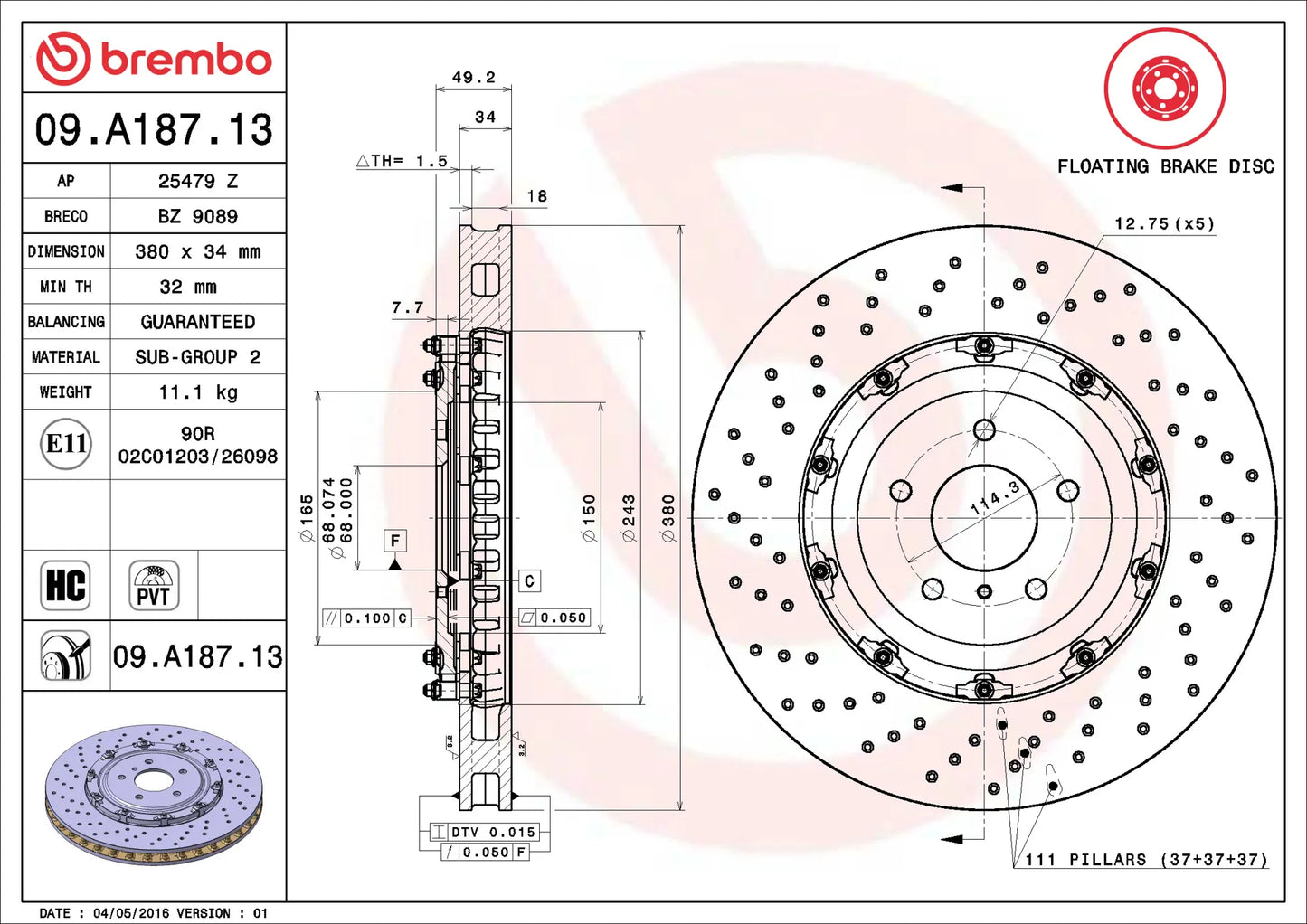 Technical drawing and specification sheet for a Brembo floating brake disc, showing front and side profile dimensions, a circular cross-section view, and product details on a white background with red and black text.