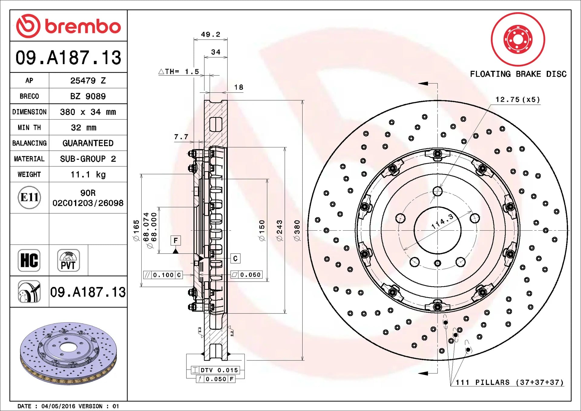 Technical drawing and specification sheet for a Brembo floating brake disc, showing front and side profile dimensions, a circular cross-section view, and product details on a white background with red and black text.