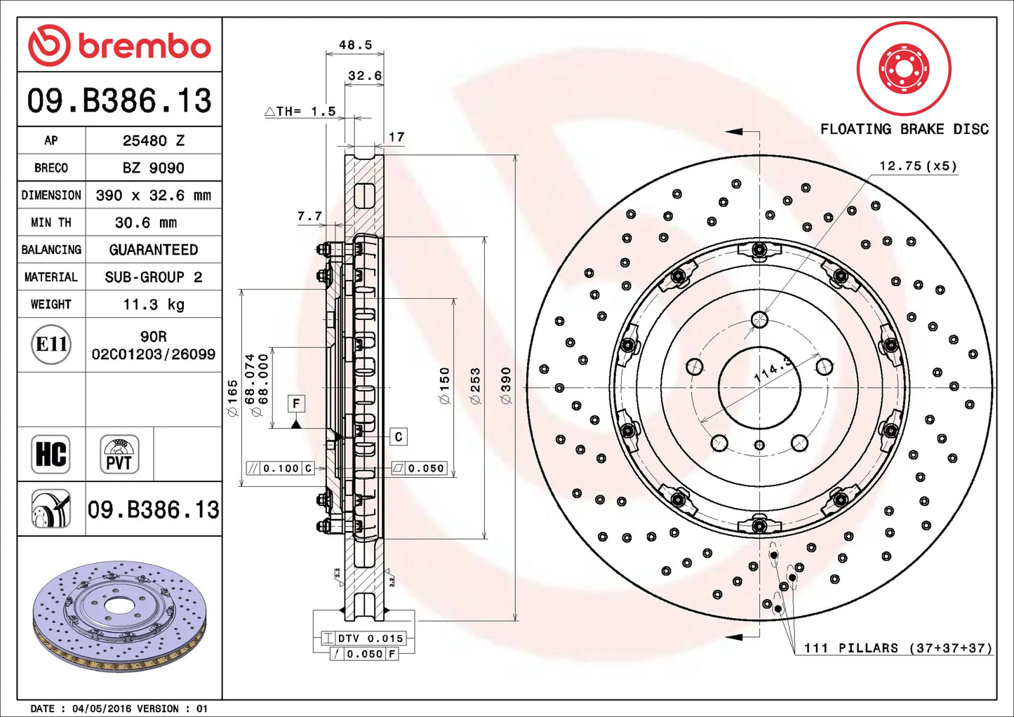 Brembo KT00745 front brake kit with 390mm floating two-piece rotors and Prime Ceramic brake pads for 2011-2024 Nissan GT-R R35