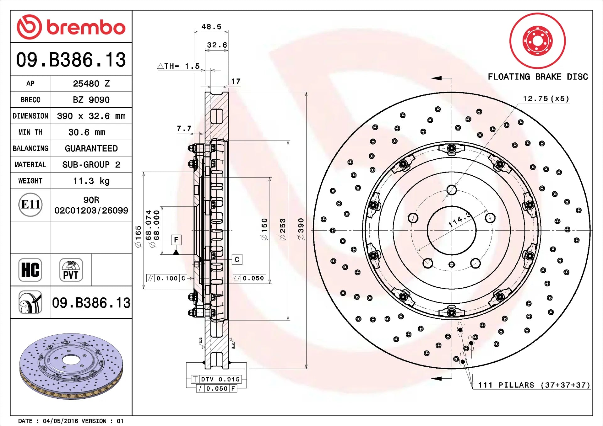Brembo KT00745 front brake kit with 390mm floating two-piece rotors and Prime Ceramic brake pads for 2011-2024 Nissan GT-R R35