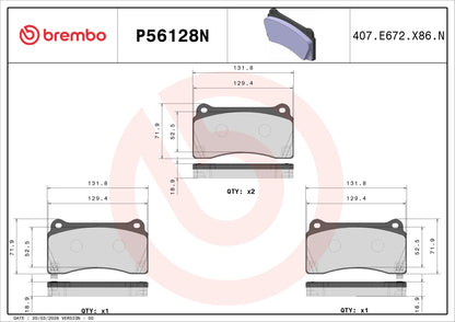 Brembo brake pad technical specification sheet showing three brake pad diagrams with dimensions, part number P56128N, and product code 407.E672.