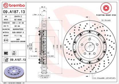 Brembo Prime 09.A187.13 380mm floating front brake rotor for 2009-2011 Nissan GT-R R35