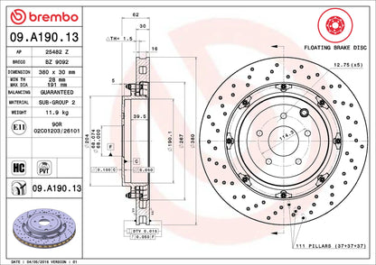 Brembo Prime 09.A190.13 380mm floating rear brake rotor for 2009-2024 Nissan GT-R R35