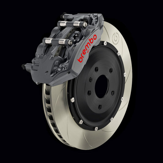 Brembo 4KC.8042A PISTA rear big brake kit with forged 4-piston calipers and 345mm Type-5 slotted two-piece rotors for Nissan Skyline GT-R R32 and R33