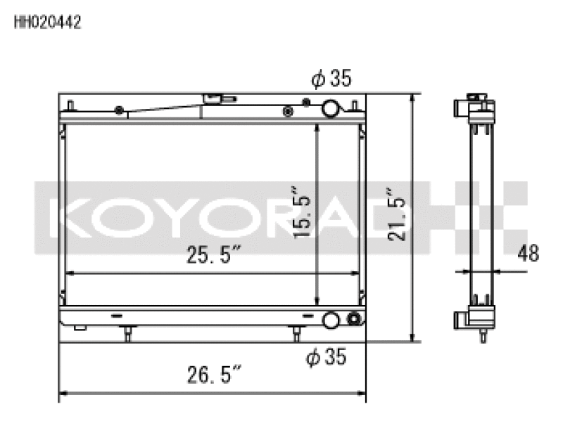 Koyo radiator dimensions drawing for 1995-1998 Nissan R33 GT-R, part HH020442