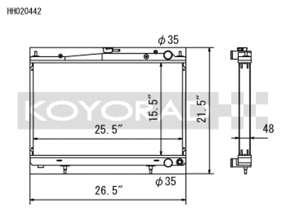Koyo radiator dimensions drawing for 1995-1998 Nissan R33 GT-R, part HH020442