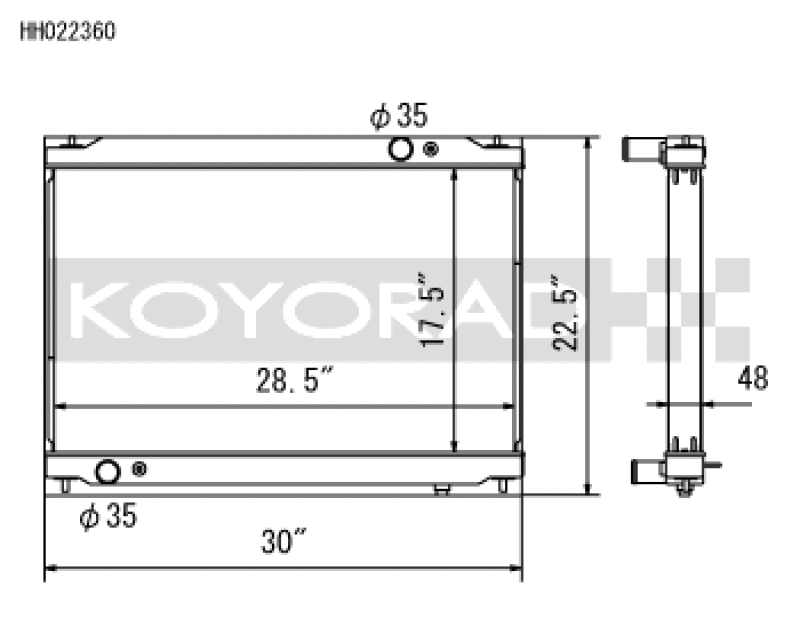Koyo aluminum radiator dimensions sheet for 2009-2013 Nissan R35 GT-R