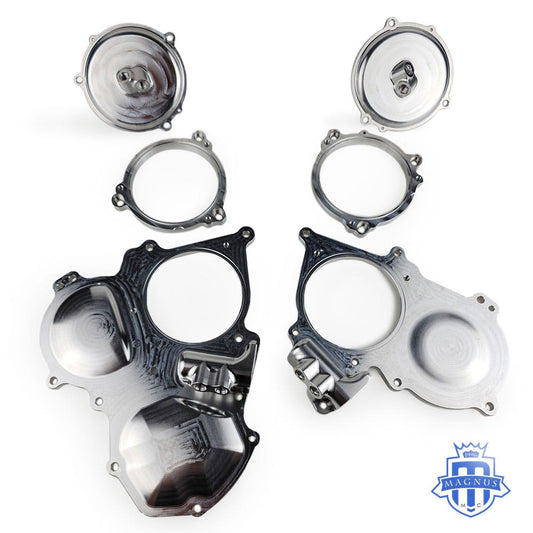 Magnus MMCENG5152 billet left and right VVT timing cam covers with gaskets and hardware for Nissan GT-R R35 VR38DETT engine
