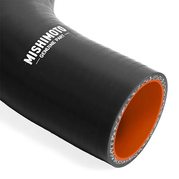 Black silicone hose with orange interior and Mishimoto branding on a white background