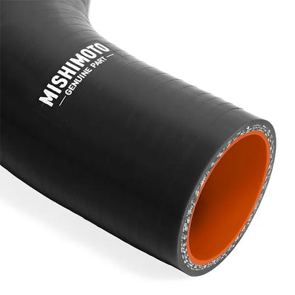 Black silicone hose with orange interior and Mishimoto branding on a white background