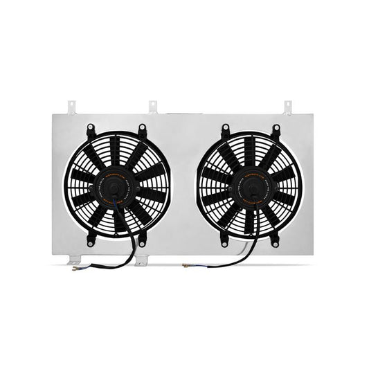 Mishimoto MMFS-R32-RHD polished aluminum fan shroud kit with dual 12-inch electric fans for Nissan Skyline R32