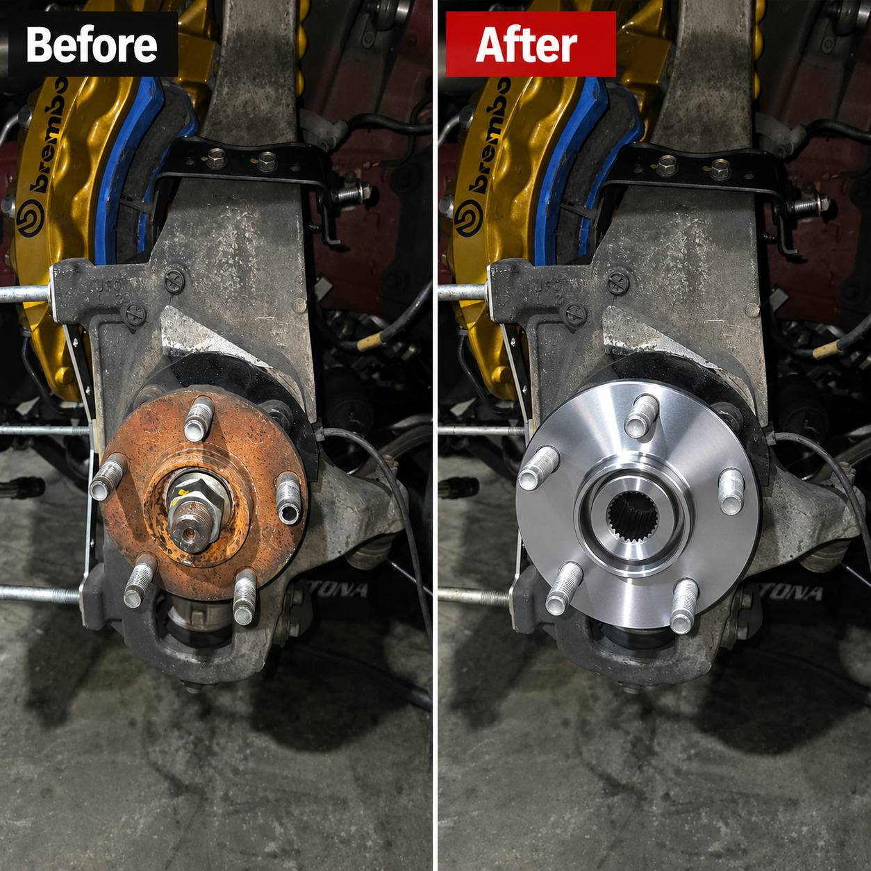 Before and after replacement of a worn front wheel bearing and hub assembly on a Nissan R35 GT-R
