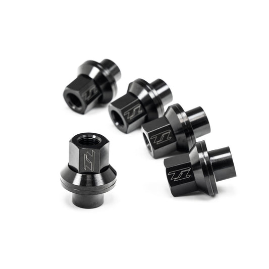T1 GT1R black PVD titanium M12 x 1.25 one-piece shank lug nut for compatible Nissan GT-R drag wheels