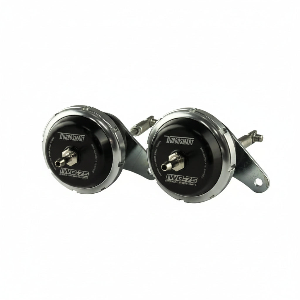 Turbosmart TS-0615-2073 IWG75 Twin Port black wastegate actuator pair with brackets and fittings for 2009-2025 Nissan GT-R R35