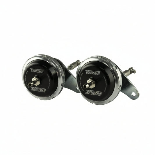 Turbosmart TS-0615-2073 IWG75 Twin Port black wastegate actuator pair with brackets and fittings for 2009-2025 Nissan GT-R R35
